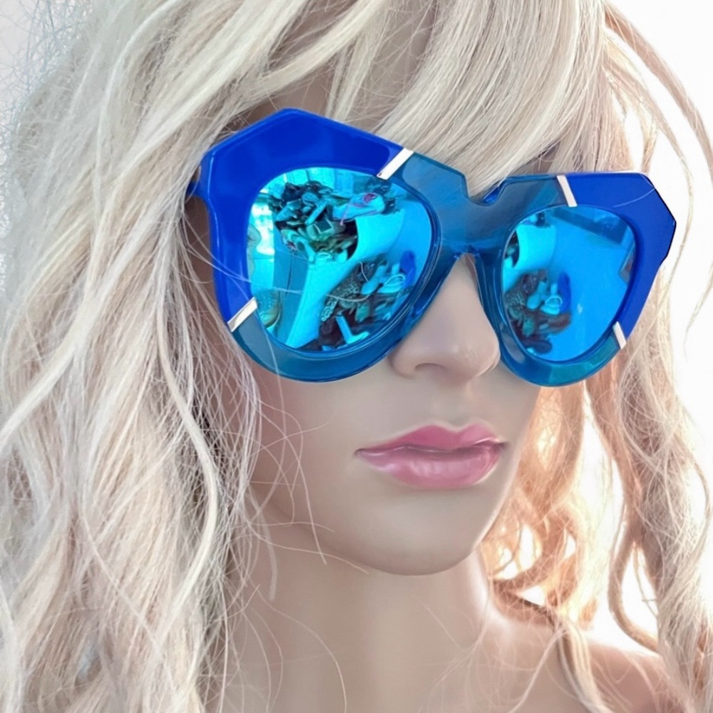 *NWT* Karen Walker Oversize Mirrored Sunglasses - Bright Blue Acetate + Case etc